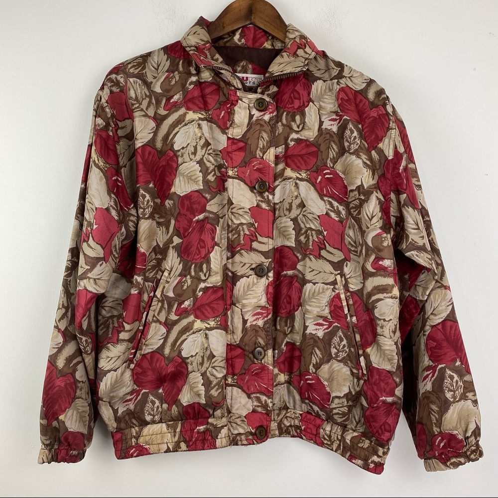 Vintage Stunt Sports Size Small Women’s Brown Red Floral Fall Leaves Silk Jacket